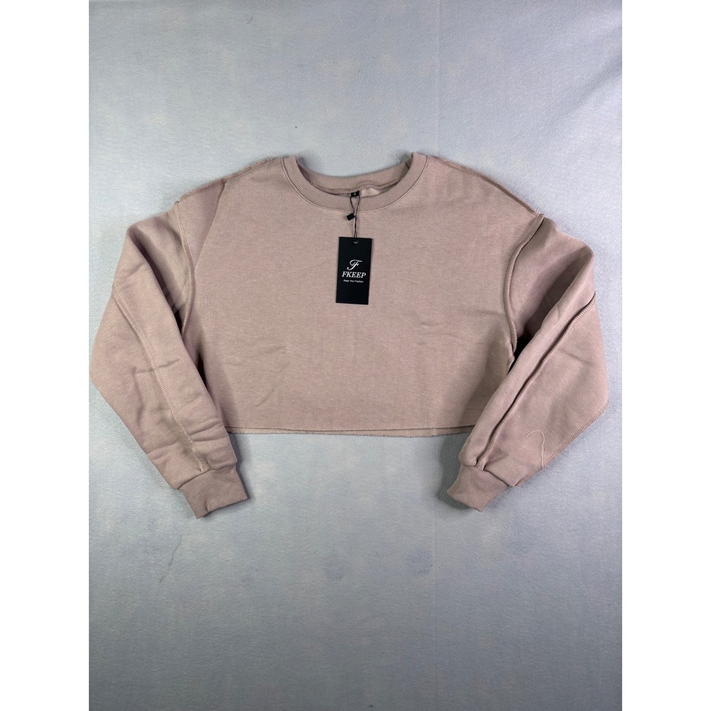 FKEEP Womens Mauve Taupe Cropped Crewneck Fleece Sweatshirt Raw Hem Small NWT